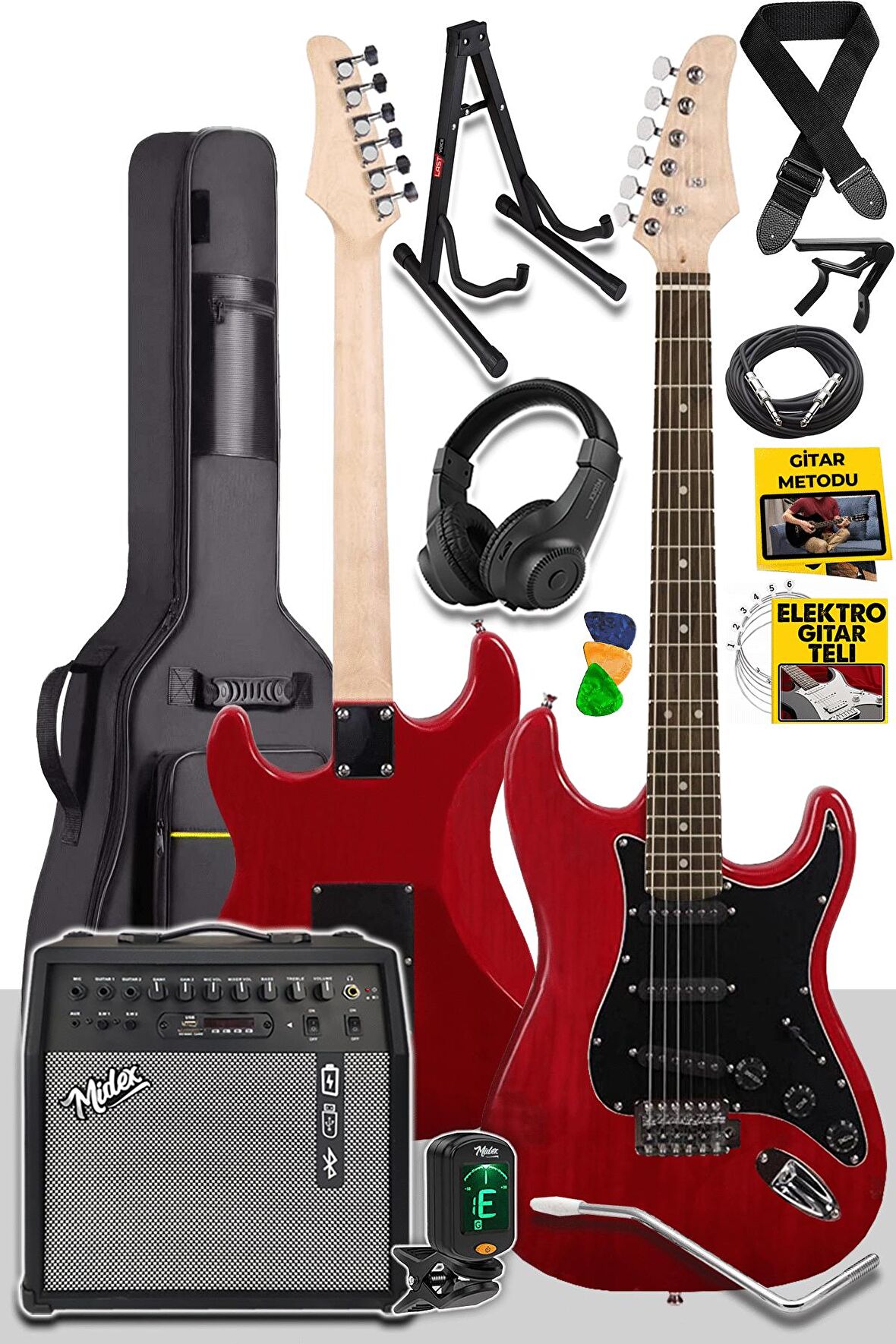Midex RPH30RD-50AMP Red Elektro Gitar Seti 50 WATT Bluetooth Şarjlı Amfi Kulaklık Full SET